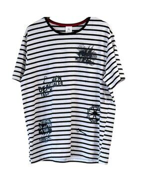 Disney Shirt Adult White Pirates of the Caribbean Dead Men Striped Size Lg NEW